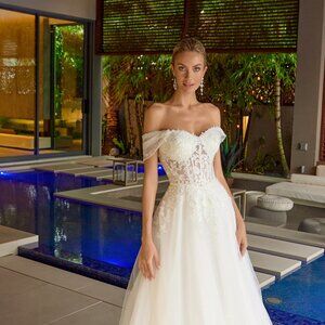 New Off White Lace Embellished Wedding Gown w/ Sheer Corset Bodice JT2634LW